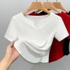 Camiseta de manga corta para mujer, nueva camiseta elegante de algodón con escote en V pequeño, dobladillo curvo y cintura corta plisada, 2024