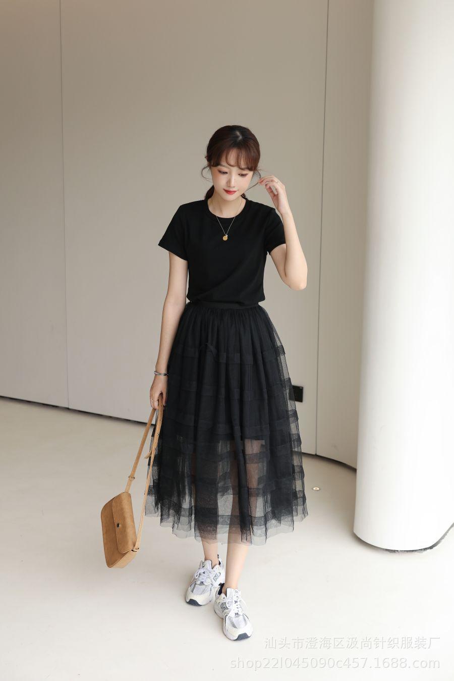 四季百搭秋季黑色黑天鹅纯色高腰网纱蓬蓬裙A字裙半身