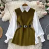 2025 Nuevo Otoño e Invierno Lujo Ligero Conjunto de Dos Piezas Holgado Camisa Blanca de Manga Larga Superior Suéter de Punto para Mujer