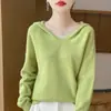 Sudadera con capucha de punto de otoño e invierno 100% lana de alta gama lista para usar, suéter con capucha suelto y suave, sudadera básica para mujer