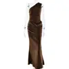 Comércio Exterior Transfronteiriço Estilo Europeu e Americano Um Ombro Decote Inclinado Plissado Cetim Ajustado Justo ao Quadril Saia Longa com Vestido Elegante e de Cintura Alta