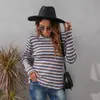 Toma real en stock nuevo otoño e invierno 2021 transfronterizo Amazon chaqueta de manga larga con estampado de rayas suéter de punto de cuello redondo para mujer
