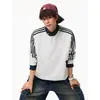 Moletom tendência de outono inicial estilo americano com gola alta para homens, casual esportivo com zíper, color-blocking, top retrô listrado estilo universitário