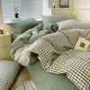Juego de Cuatro Piezas de Algodón 100% Teñido en Hilo Lavado, Algodón Puro, Sin Estampar, Productos de Calidad Suministrados de Fábrica, Funda Nórdica, Ropa de Cama Estilo Japonés, Sábana Ajustable al por Mayor