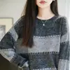 Suéter de Punto de Otoño e Invierno Nuevo Estilo Perezoso Bloque de Color Rayas Cuello Redondo para Mujer Holgado Adelgazante Versátil Suéter Top Capa Base