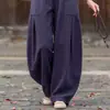 Calça de Linho de Algodão Retrô Cintura Alta Pantalona Feminina Verão Artística Cor Sólida Emagrecedora Algodão Linho Casual Solta Para o Trabalho Drapê Calça Longa