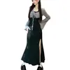 Vestido Plissado de Gola Alta Estilo Street Pure Lust para Mulheres com Cardigan de Manga Sino + Saia Longa com Fenda Conjunto de Duas Peças