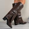 Botas de Mujer Británicas Versátiles con Hebilla, Punta Aguda, Botas Largas Cómodas, Tacón Grueso, Botas Personalizadas para Pantalón, Botas de Moda Hasta la Rodilla