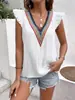 Site Independente Europeu e Americano da Amazon Temu Blusa de Renda Color Block com Decote V Solta Casual Feminina