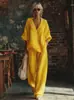 Conjunto de dos piezas de moda casual transfronteriza europea y americana para mujer, color liso, cuello en V, holgado, manga corta, pantalones largos casuales