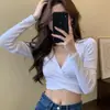 Camiseta Manga Larga Mujer Otoño e Invierno Chicas Calientes Sexy Cuello en V Cruzado Diseño con Sentido Ajustado Corta con Ombligo Descubierto Camiseta Interior Base Top