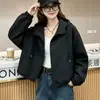 Jaqueta com Capuz Curta e Moderna para Mulheres, Estilo Coreano de Outono, Caimento Solto para Mulheres Baixas, Jaqueta Casual com Zíper e Cordão Bordado