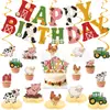 Banner de cumpleaños temático de animales de granja transfronterizo, pancarta de fiesta estilo pastoral, decoraciones colgantes en espiral, adornos para pasteles y decoraciones de mesa