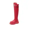 Botas femininas clássicas de cano alto Songgao de sola grossa com salto alto, perna fina que alonga, vermelhas, toque macio no pé, estilo acima do joelho, botas de montaria femininas