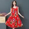 Vestido Colete de Algodão e Seda Plus Size Verão Novo Estilo Étnico Roupas Femininas Retrô Literário Estampado Sem Mangas Saia Longa