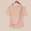 Camiseta de Manga Corta de Acetato para Mujer, Nueva Moda Verano 2026 Color Sólido Hombros Descubiertos Ajustada Versátil Top Estampado en Oro