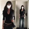 Camiseta Negra de Manga Media con Cuello en V Estilo Americano Picante para Mujer, Verano 2026, Sexy y Versátil, Corte Ajustado, Adelgazante, Top de Color Sólido