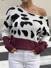 Blusa de Tricô Feminina Pulôver Estampa de Leopardo Ombro Caído Um Ombro Europeia e Americana Transfronteiriça Outono e Inverno Suéter Casual Roupa Feminina Blocos de Cor