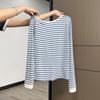 Camiseta Manga Longa Color Block Listrada Azul Ombro Caído para Mulheres 2025 Pure Lust Sexy Slim Slim Top Ombro a Ombro para Mulheres