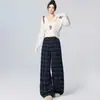 Calça Larga Casual Retrô Americana de Cintura Alta com Caimento, Xadrez Grosso Reta Longa para Mulheres, Outono e Inverno, Atacado de Peça Única