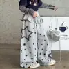 Pantalones de Punto Anchos con Estampado de Retazos de Estrella y Volantes para Niñas, Pantalones Deportivos Sueltos Largos Rectos para Niñas