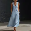 Primavera e Verão 2026 Tiktok Transfronteiriço Europeu e Americano Estilo Preguiçoso Gola V Abotoado Algodão e Linho Vestido Longo Vestido Colete Sem Mangas