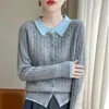 Cárdigan de punto de moda de dos piezas falsas para mujer, cuello polo, adelgazante, suéter con bloques de color, corte holgado, top tipo chaqueta con cuello de solapa