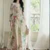 En stock: "Pintura Salvaje de Primavera" Vestido Largo Estampado Romántico Estilo Francés con Cuello en V y Ceñido a la Cintura, Vestido Largo para Vacaciones de Verano en la Costa
