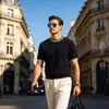 Camiseta Simples Madura Europeia e Americana Gola Redonda Manga Curta Masculina Camada Interna Tricô Fino Primavera e Outono Casual Negócios Estilo Old Money