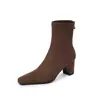 Botas de Terciopelo Elástico para Mujer Estilo Adelgazante Botas Individuales Punta Cuadrada Nueva Cremallera Trasera Tacón Grueso Alto Botas de Mujer Botas Elásticas para Tobillo 42
