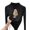 Camiseta interior base de forro polar de doble cara para niñas, nueva camiseta casual versátil con estampado de dibujos animados, camiseta de cuello alto a la moda