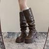 Botas Longas de Couro Marrom Estilo Britânico com Solado Grosso para Mulheres, Novo Modelo de Inverno, Botas Arredondadas Acima do Joelho com Salto Grosso, Botas de Equitação de Cano Alto Vintage