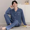 Pijamas de Algodón Puro de Venta Caliente para Hombre Primavera y Otoño Conjunto de Moda Casual Simple Holgado Talla Grande Solapa Manga Larga Ropa de Casa