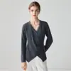 Suéter de tricô elegante 100% caxemira pura estilo francês para mulheres, gola V, com renda nas mangas compridas, design cruzado, top afunilador