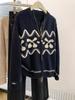 Jaqueta Cardigan de Tricô Jacquard Azul Marinho com Zíper Duplo para Mulheres no Outono e Inverno Primavera e Outono Camisa Externa de Tricô Grossa Estilo Preguiçoso
