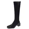 Botas de Cano Alto Femininas 34 Petite 2026 Outono/Inverno Novas Botas de Cano Alto Bico Quadrado Salto Grosso Botas Longas de Salto Alto