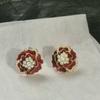 Pendientes estilo francés con forma de camelia y perla, estilo retro, de lujo, con flores verdes para mujer