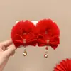 Pasador de Pelo con Lazo de Año Nuevo y Borlas de Felpa, Pinza Roja para el Cabello para Niños, Adorno para la Cabeza con Ambiente Festivo para el Festival de Primavera