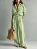 2026 Conjunto de Dos Piezas para Mujer, Moda Europea y Americana Transfronteriza, Sitio Independiente de Amazon, Top de Color Sólido con Botones y Mangas Largas, Pantalones de Pierna Ancha