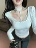 Camiseta Blanca de Encaje Puro con Empalme, Cuello Halter, Manga Larga, para Mujer, Otoño, Corte Delgado, Top Básico 'Hot Girl'