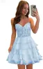 Vestido Curto de Renda Tomara que Caia Estilo Francês com Babados em Camadas e Saia de Bolo, Adequado para Provas de Arte, Recepções e Apresentações de Palco