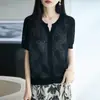Cárdigan de Punto Calado Transpirable Estilo Francés, Lino Lyocell Crochet, Manga Corta, Holgado y Versátil, Top Adelgazante y Elegante para Mujer