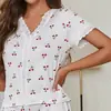 Conjunto de pijama de encaje con cuello en V transfronterizo europeo y americano para mujer, nuevo conjunto de dos piezas dulce y cómodo para el hogar de otoño con estampado de flor de cerezo