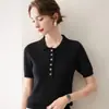 Nuevo Jersey de Punto Cableado Casual de Manga Corta con Botones y Cuello de Solapa para Mujer de Cachemira