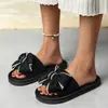 Chinelos de Linho com Laço Grande Transfronteiriços para Mulheres, Slip-Ons Planos Antiderrapantes para Uso Doméstico, Estilo Europeu e Americano, Multicor, Respiráveis, Atacado