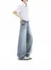 Jeans de perna larga curvo azul claro lavado para homens e mulheres, estilo de rua americano de outono, solto, com caimento, calças casuais retas