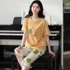 Pijama feminino verão manga curta calça cropped estilo coreano fofo solto traje estudante fino jovem verão roupa de casa