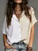 Camisa de Manga Curta Color Block Estilo Europeu e Americano Nova para Verão 2025 para Mulheres, Top Casual Soltinho com Lapela, Tendência de Moda Transfronteiriça