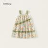 Frete Grátis Roupas Infantis Estilo Verão Vestido de Alça Sem Manga Infantil Leve Vestido de Férias Elegante Vestido Estampado Vestido de Renda