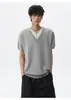 Tricô de Alta Qualidade Falso Duas Peças Gola V Manga Curta Masculino Feminino Verão Tendência Marca Simples Camiseta para o Dia a Dia Solta Casual Cropped Manga Curta